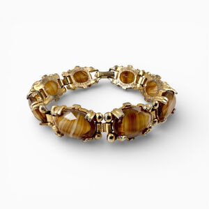 Vintage West Germany Art Glass Bracelet, Banded Glass Statement Link Bracelet